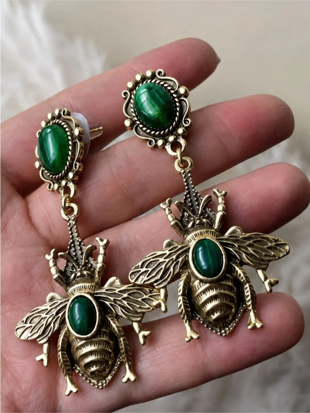 Vintage Gold Bee Drop Earrings with Green Stones